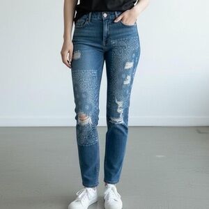 True Religion Blue Paisley Straight Leg distressed denim Jeans